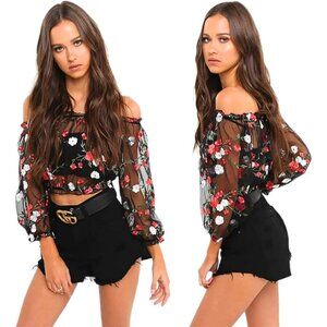 NWT Sheer Crop Top Sexy Floral Embroidery Black Mesh Tulle Shirt Long Sleeve